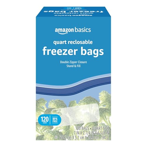 Amazon Basics Reclosable Freezer Quart Food Storage Bags, 120 Count