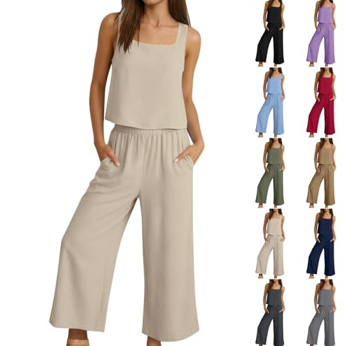 Linen 2 Piece Sleeveless Top Wide Leg Pants Set