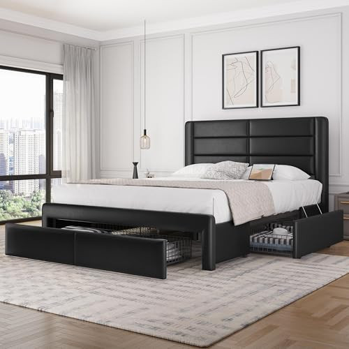 Yaheetech Queen Size Upholstered Platform Bed Frame with 2 USB Charging