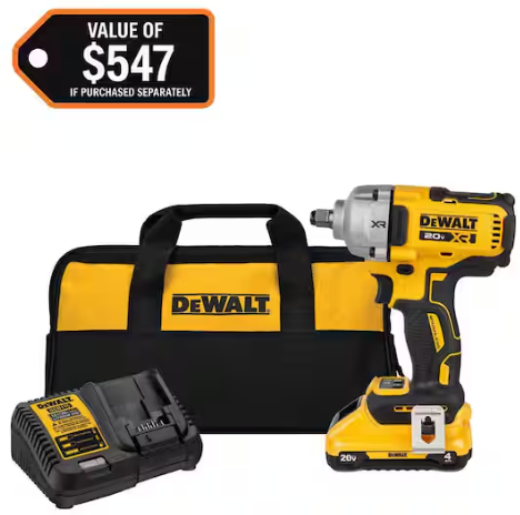 DeWalt 20V MAX XR 1/2 in. Impact Wrench with Hog Ring Anvil and 4 Ah Battery