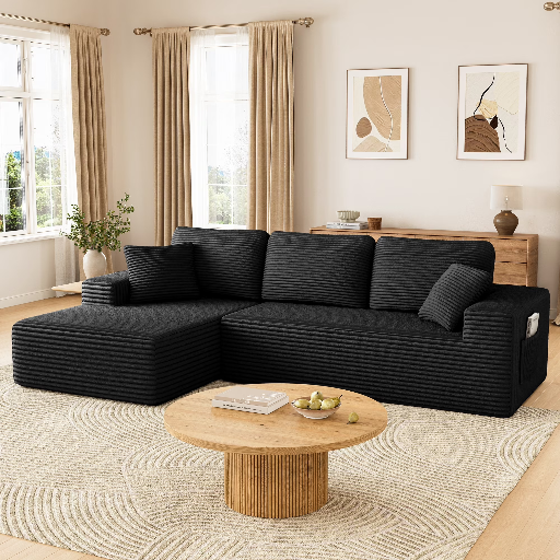 Boneless Sofa Living Room Neche Modern L-Shaped Corduroy Sectional Modular Cloud Couch Deep Seating Upholstered Sofa Oversized No Assembly Black