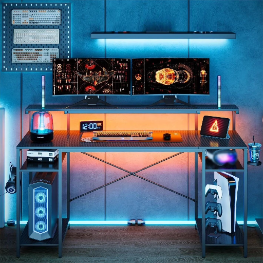 Bestier 55" Gaming Computer Desk w/ Monitor Stand, Shelves & LED Lighting Deal