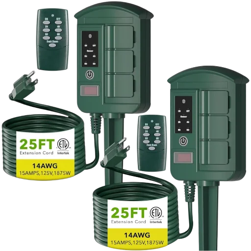 6-Outlet Light Sensing 25FT Outdoor Power Stake w/ Remote 2-Pack Deal