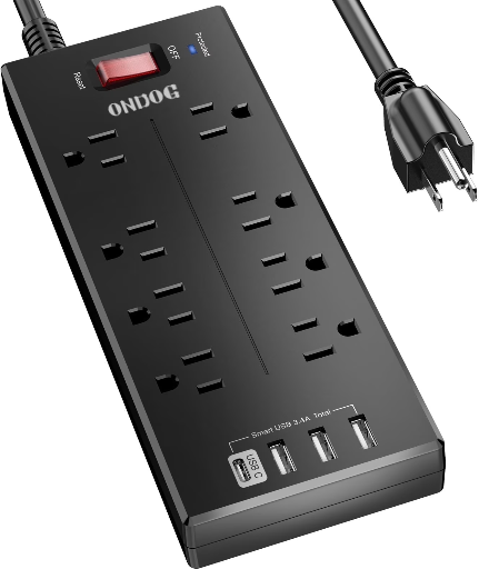 Surge Protector - 8 AC Outlets and 4 USB Ports (1 USB-C), 6ft Extension Cord