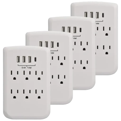 Clear Power 6-Outlet Wall-tap with 3 USB-A and 1 USB-C 4-Pack Deal