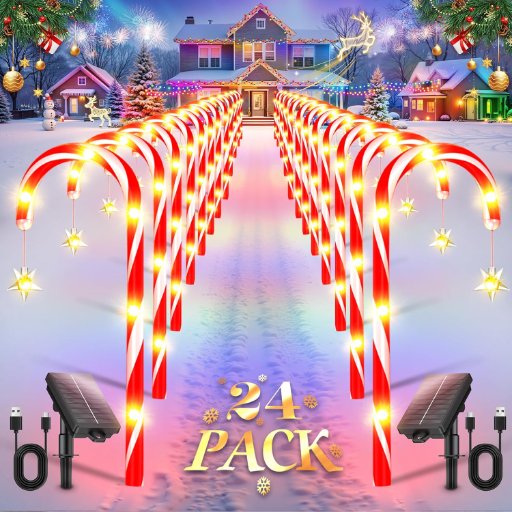 Solar Christmas Candy Cane Lights 24-pack