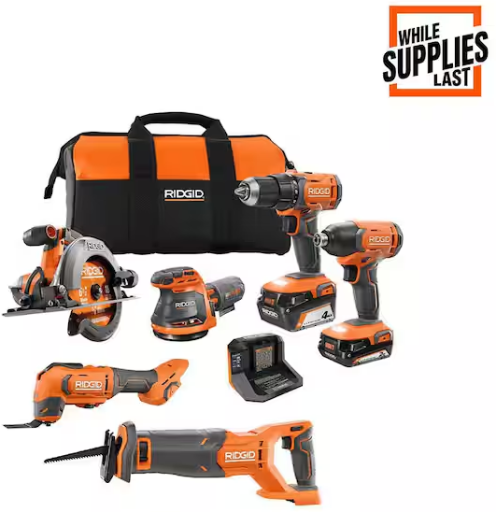 Ridgid 18V Cordless 6-Tool Combo Kit with 2.0 Ah Battery, 4.0 Ah Battery