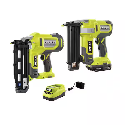 RYOBI ONE+ 18V Airstrike 18GA Brad and 16GA Straight Finish Nailer Kit 2.0Ah Battery and Charger