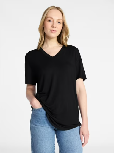 Time and Tru Women's V-Neck Short Sleeve Tunic Tee (Black)