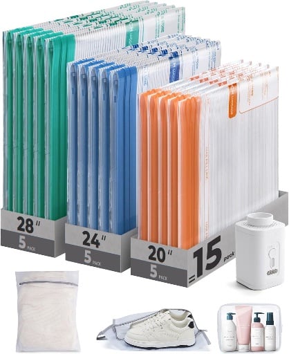 BAGSMART 18-Pc Multicolor Vacuum Storage Bags Travel Kit w/ Pump Deal