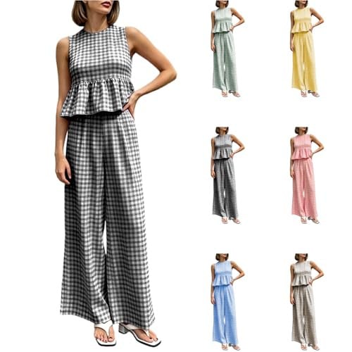Checkered Ruffle Hem Top Wide Leg Pants Sets Deal