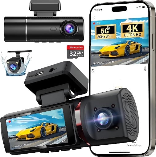 3 Channel 4K+1080P Dash Camera with 3.16 IPS Screen & 5GHz WiFi & 64GB Card Deal