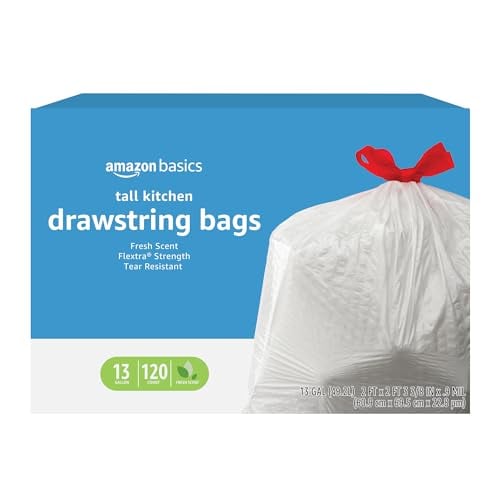 Amazon Basics 13 Gallon Flextra Tall Kitchen Drawstring Trash Bags 120-Count Deal