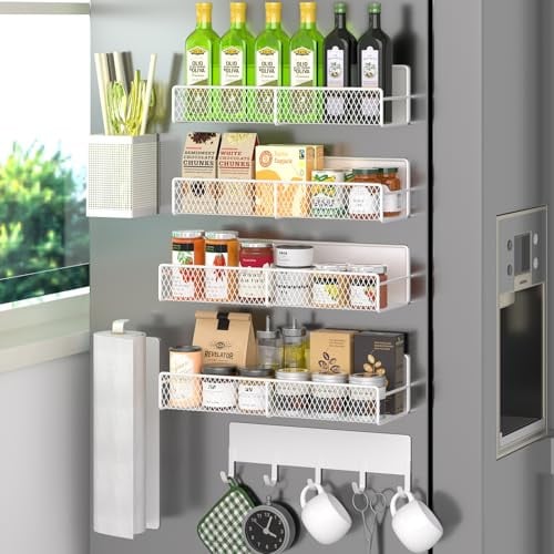 7-Pack Magnetic Metal Spice Rack Organizer for Refrigerator w/ Hooks, Paper Towel Holder & Utensil Caddy (White) Deal