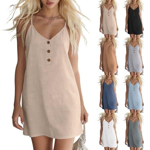 Linen V Neck Spaghetti Strap Button Down Mini Sundress Deal