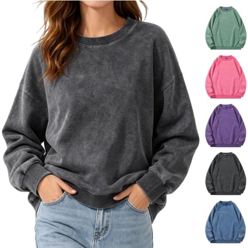 Womens Crewneck Washed Pullover Long Sleeve Casual Top Deal