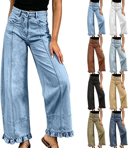 Barrel Jeans Women Wide Leg Ruffle Hem Jean Pants Deal