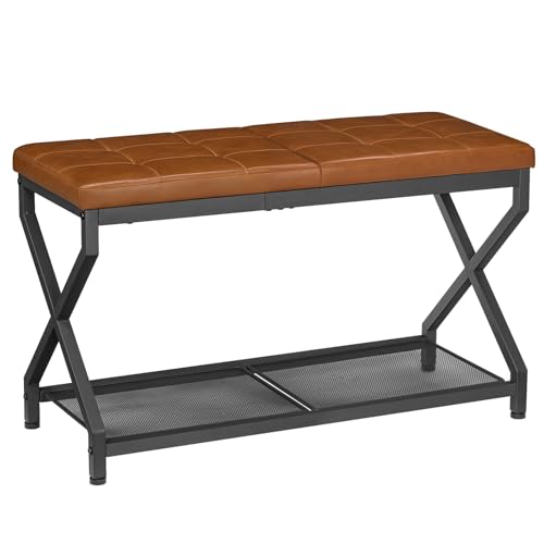 29.5" HOOBRO Entryway Shoe Bench w/ Tufted PU Leather Cushion & Storage Rack (Whiskey Brown)
