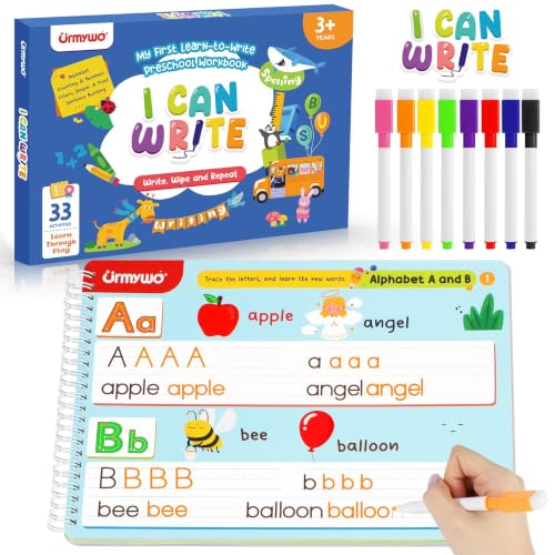 URMYWO Preschool & Kindergarten Dry-Erase Reusable Workbook (Math, Writing) for Ages 3-6 Deal
