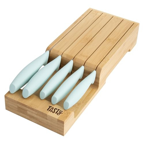 6-Piece Tasty In-Drawer Kitchen Knife Set w/ In-Drawer Knife Block (Aqua)