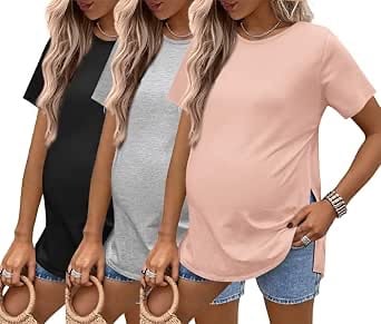 Ekouaer 3 Pack Maternity Shirts Short Sleeve Split Side