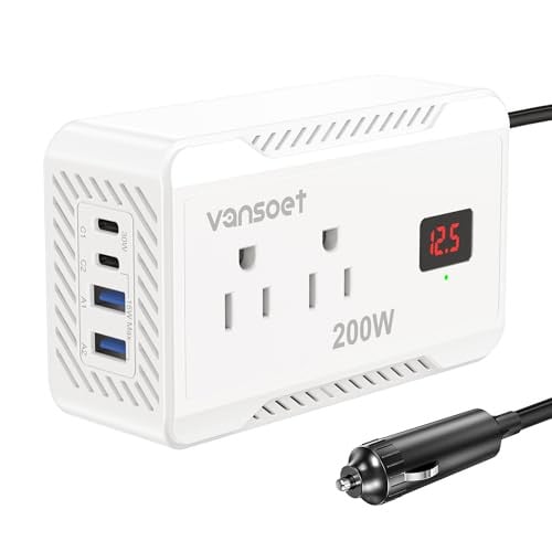 200W Car Power Inverter DC 12V to 110V AC with Fast Charging USB C 3.0A Dual USB Charging Ports
