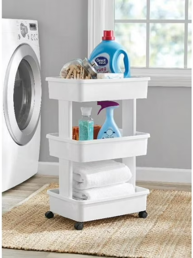 Mainstays 3-Tier Plastic Rolling Laundry Cart, Arctic White Deal