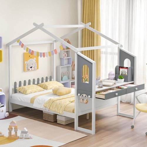 Giantex Kids House Bed with Study Desk/ Trundle Bed (Full Size)