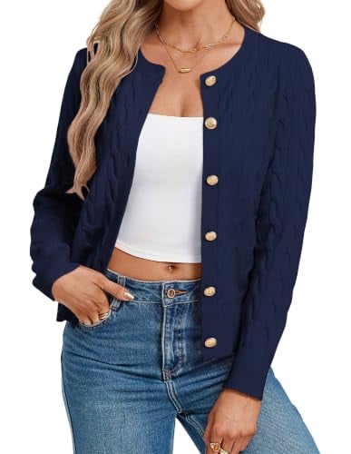 GRACE KARIN Women Navy Button Up Cable Knit Cardigan Sweaters Deal