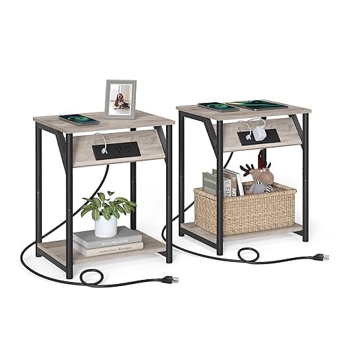 VASAGLE Set of 2 End Tables with Charging Station (Heather Greige + Black)