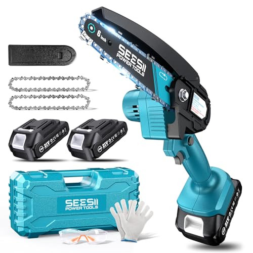 Seesii Mini Cordless Electric Hand Chainsaw w/ 2x 21v Batteries  Accessories (CH500)