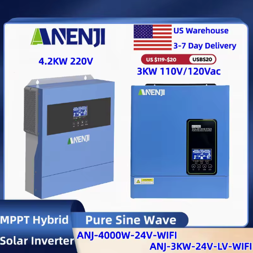 ANENJI 3KW Hybrid Solar Inverter 110V/120VAC WIFI MPPT Off Grid
