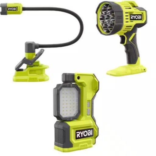 RYOBI ONE+ 18V Lighting Kit w/ LED Task Light, Spotlight, & Clamp Light (Tools Only) Deal