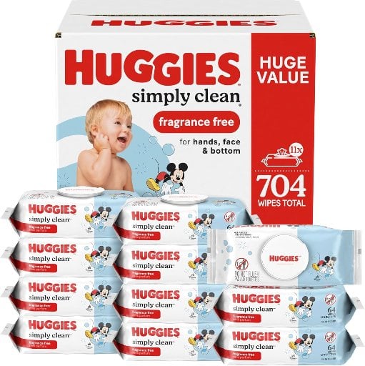 Huggies Simply Clean Unscented Baby Diaper Wipes, 11 Flip-Top Packs (704 Wipes Total) Deal