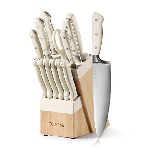 CAROTE 14 Pieces Knife Set with Block, Forged, High Carbon Stainless Steel Deal