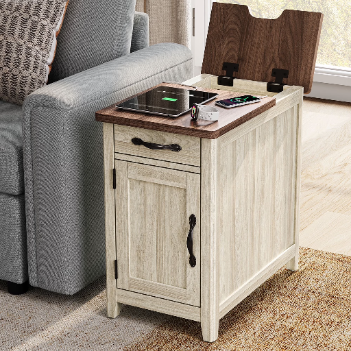 LINSY HOME End Table with Charging Station, Drawer and Detachable Holder