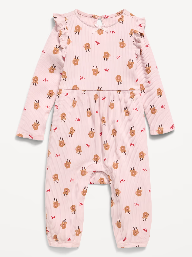 Printed Long-Sleeve Ribbed Ruffle-Trim Jumpsuit for Baby