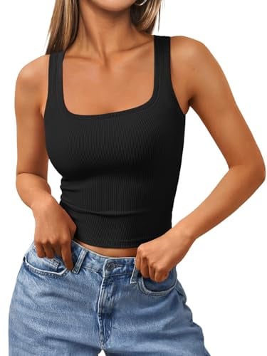 Trendy Queen Women's Square Neck Ribbed Cropped Tank Top (Black)