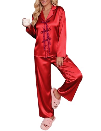 Ekouaer Women's Satin Bow-Tie V-Neck Long-Sleeve Pajama Set