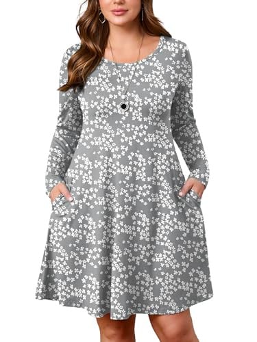 AusLook Women's Plus Long Sleeve Crew Neck A-Line Swing Flowy Midi Dress w/ Pocket Deal