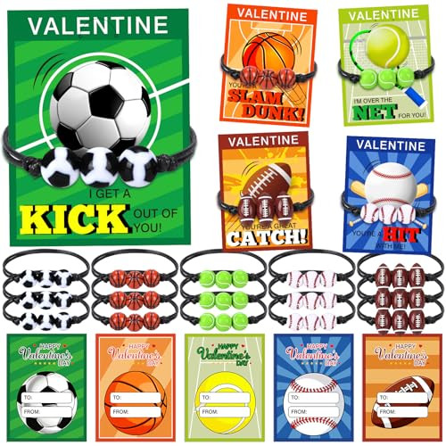 30 Pack Sports Ball Bracelet with Valentine’s Day Cards