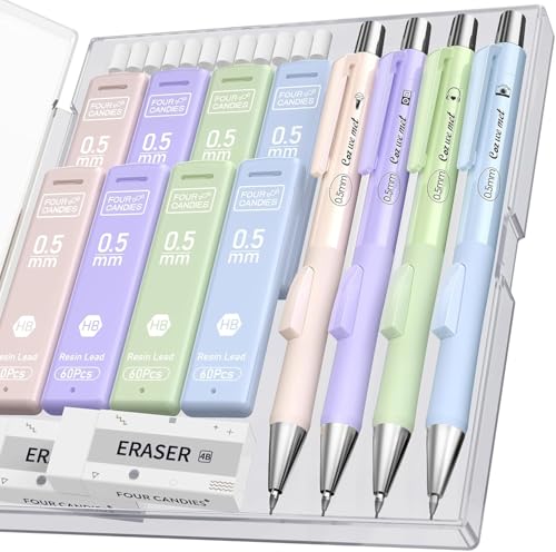 Four Candies 4-Count Mechanical Pencil Set w/ 480 HB Lead Refills, 2 Erasers & 12 Eraser Refills (0.5mm or 0.7mm) Deal