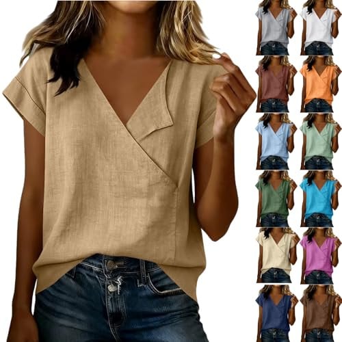 Linen Short Sleeve V Neck Blouse Deal