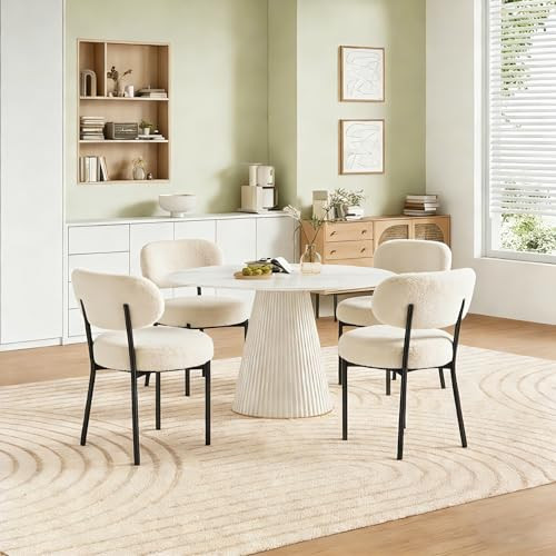 Dumos Mid Century Modern Dining Chairs w/ Black Metal Legs (Light Beige) 2-Count