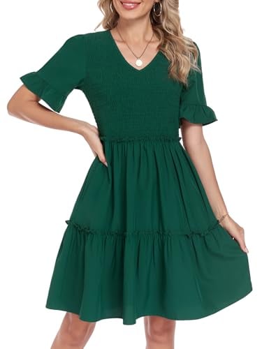 Lyrur Women’s Casual Smocked V Neck Ruffle Sleeve Tiered Knee Length Babydoll Dress w/ Pockets Deal