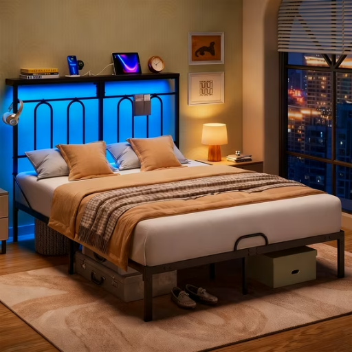 Pinmoco Queen Size Metal Platform Bed Frame w/ Charging Station & LED Headboard Shelf
