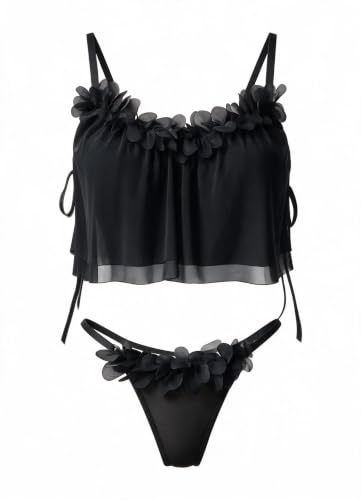 Avidlove Sexy Floral Applique Lingerie 2-Piece Sheer Mesh Cami Thong Set