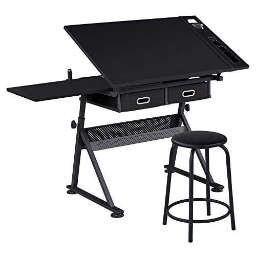 Yaheetech Adjustable Drafting Table Art Desk with Storage Drawers & Stool, Black Deal