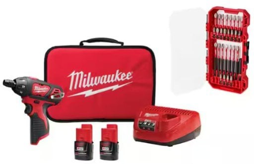 Milwaukee M12 12V 1/4 in. Hex Screwdriver Kit w/ (2) 1.5Ah Batteries, Charger, Bag with 28-Pc SHOCKWAVE Set