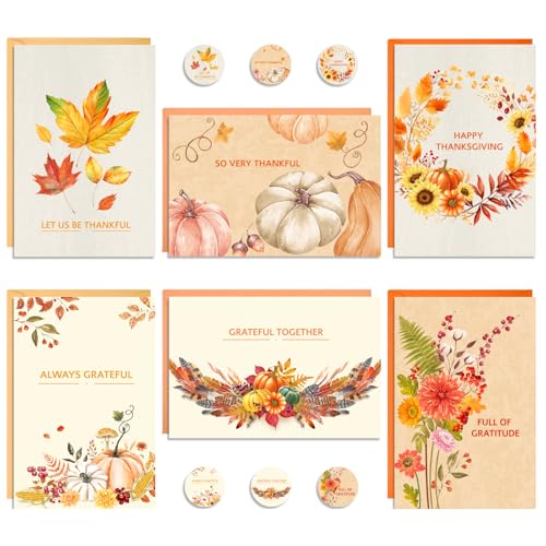 24-Count Thanksgiving Greeting Cards 4"x6" with Envelopes & Stickers (6 Designs)